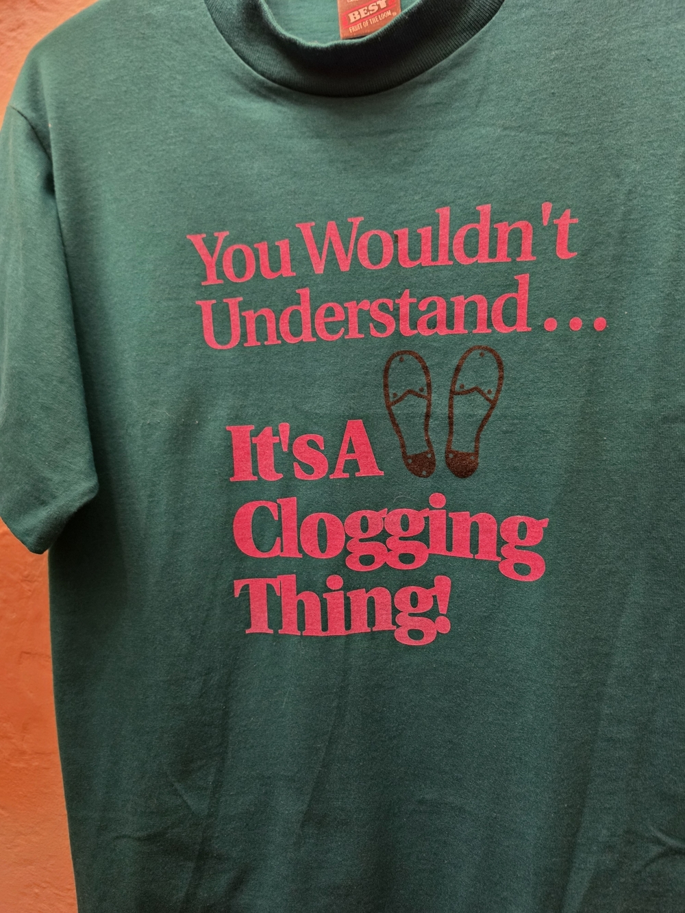 Vintage 80s/90s Single Stitch Clogging Thing Tee M Teal Pink Dance Shirt - Picture 5 of 11
